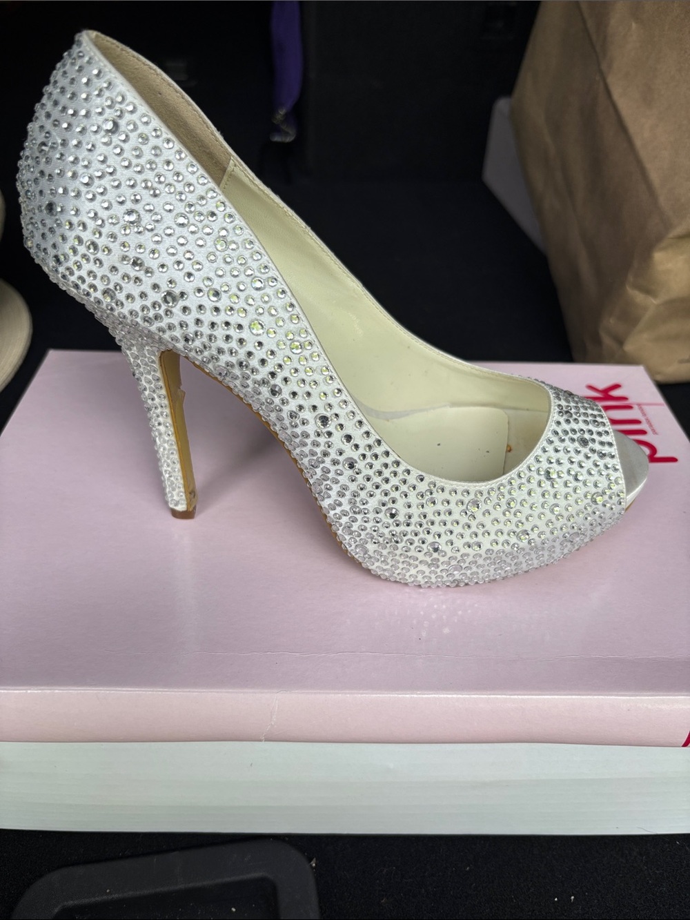 pink paradox London White Crystal Peep-Toe Stiletto Heels